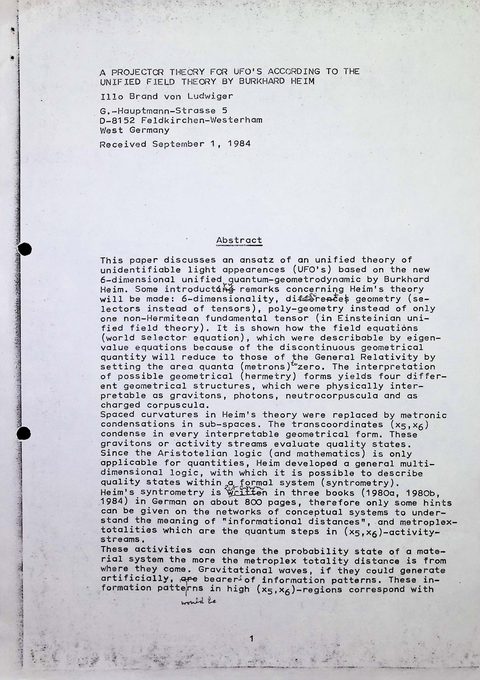 M0039 – von Ludwiger: A Projector Theory for UFO’s, 1984 (Titelseite)